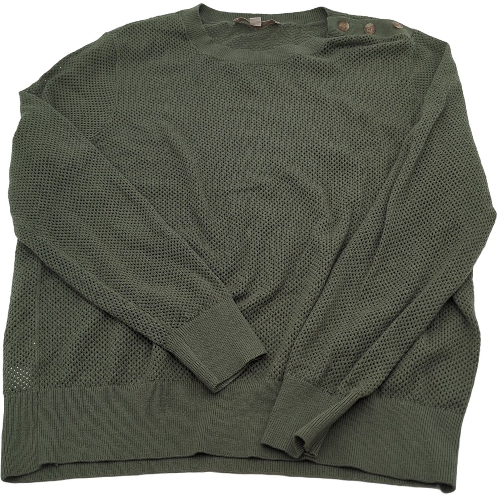 Loft Womens XL Olive Green Open Knit Button Shoulder Crew Neck Sweater LS